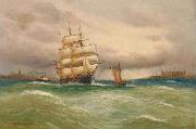 Alfred Jensen Marine mit Segelbooten, im Hintergrund Stadtsilhouette. Sweden oil painting artist
